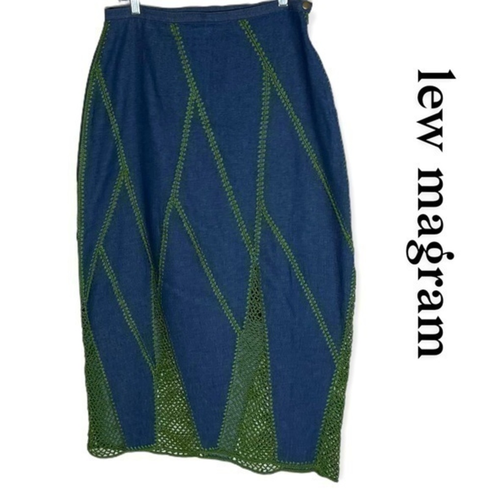 Vintage Lew Magram Ultimate Bohemian Crocheted Jean Skirt